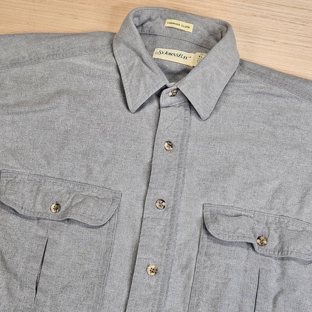 St Johns Bay Chamois Cloth Button Down Men XL Gray Heavyweight Flannel READ